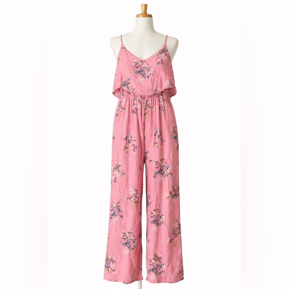 Pink Floral Wide Leg Jumpsuit | Boho Spaghetti Strap Romper Pants